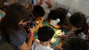 bambini che fanno esperimenti di scienze attorno ad un tavolo.