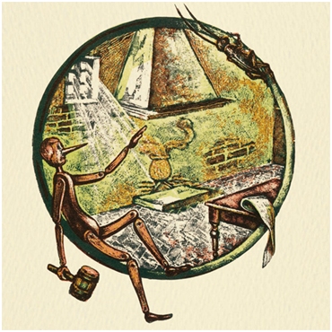 Una delle 309 xilografie dell&rsquo;edizione per il centenario di Pinocchio  (Editore: Fondazione Nazionale Carlo Collodi, Pescia, 1983) 